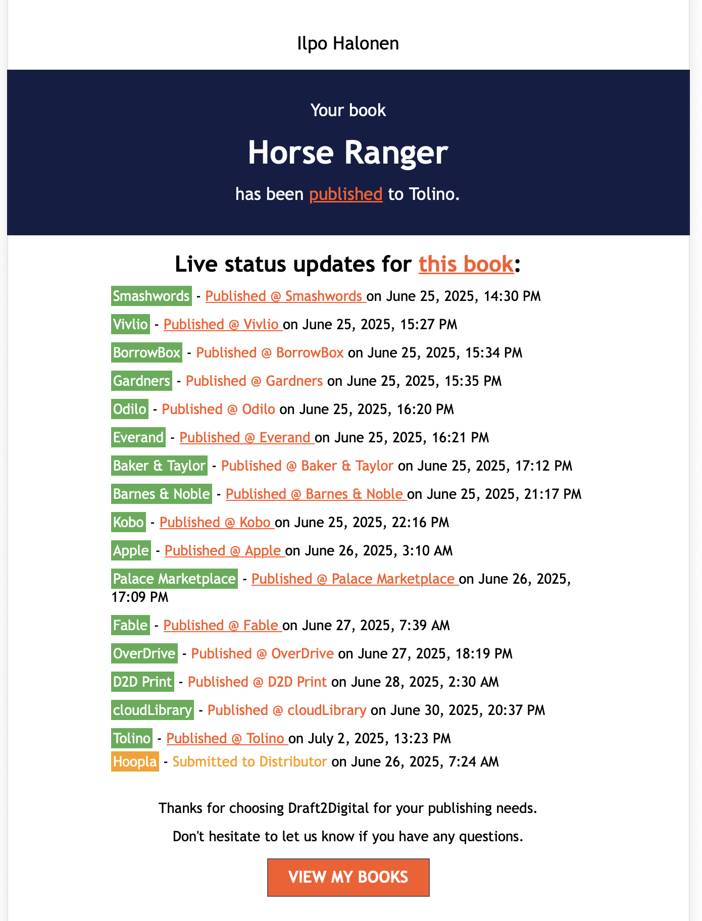 Bookstore list for Horse Ranger